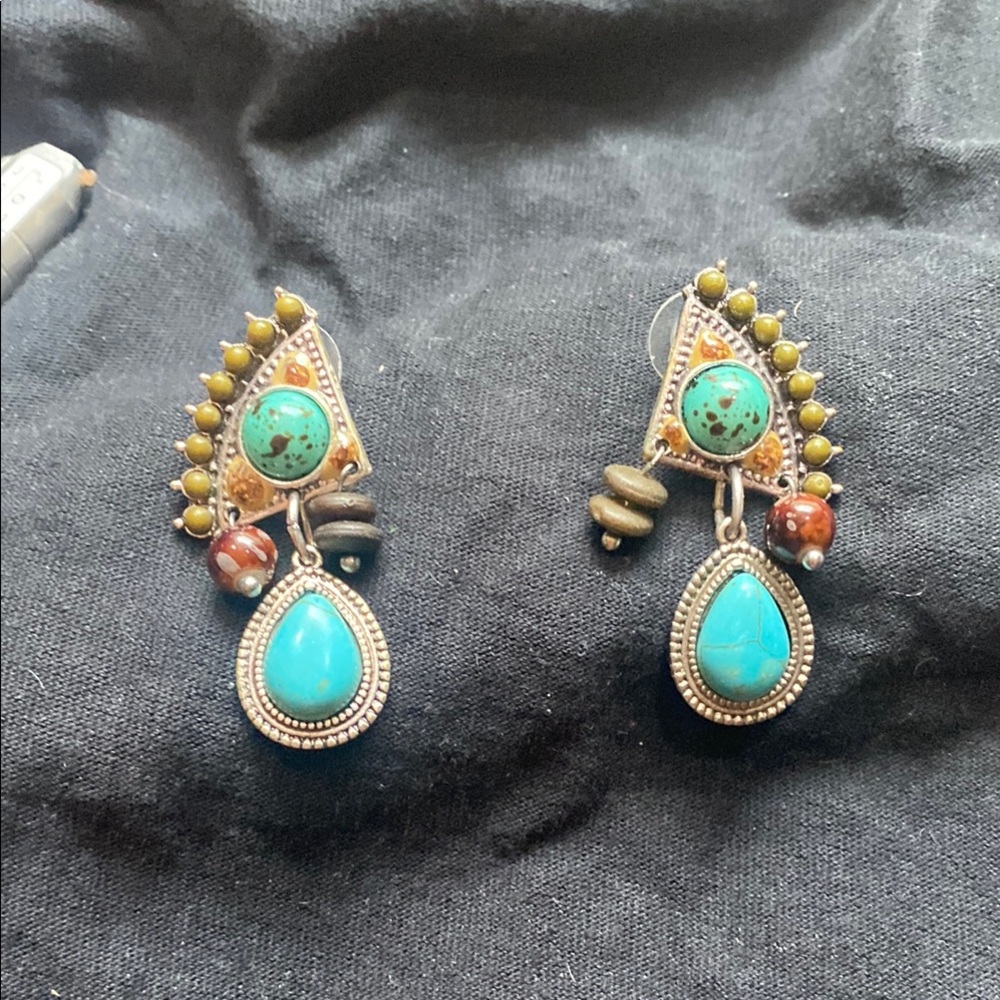 Blue and Silver Drop Earrings with Intricate Design